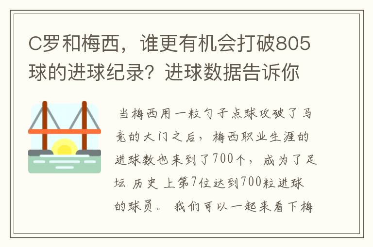 C罗和梅西，谁更有机会打破805球的进球纪录？进球数据告诉你答案