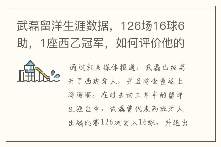 武磊留洋生涯数据，126场16球6助，1座西乙冠军，如何评价他的表现？