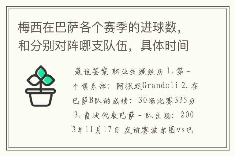 梅西在巴萨各个赛季的进球数，和分别对阵哪支队伍，具体时间，以及助攻数，反正越详细越好，非常感谢！