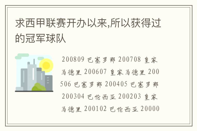 求西甲联赛开办以来,所以获得过的冠军球队