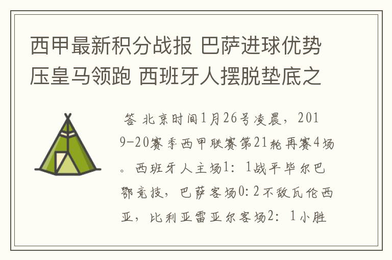 西甲最新积分战报 巴萨进球优势压皇马领跑 西班牙人摆脱垫底之位