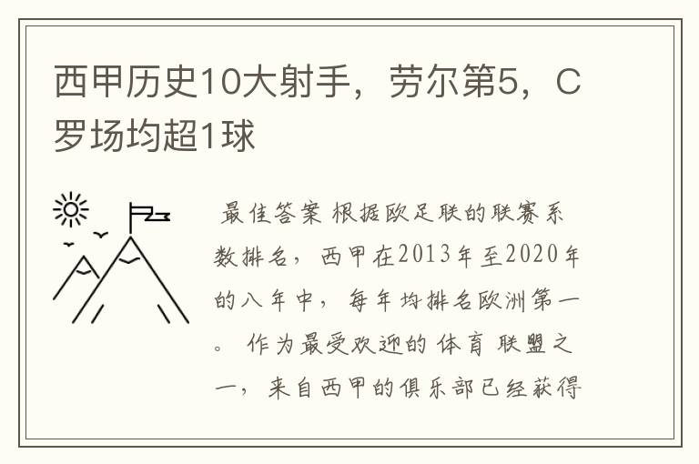 西甲历史10大射手，劳尔第5，C罗场均超1球