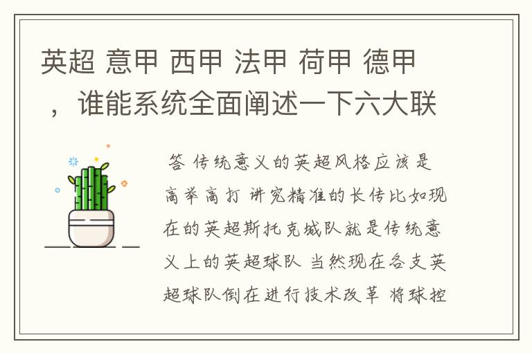 英超 意甲 西甲 法甲 荷甲 德甲 ，谁能系统全面阐述一下六大联赛风格的优缺点 ，