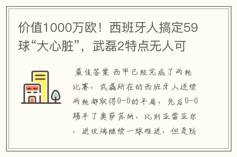 价值1000万欧！西班牙人搞定59球“大心脏”，武磊2特点无人可替