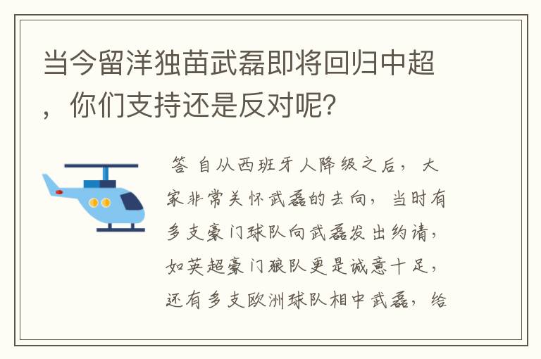 当今留洋独苗武磊即将回归中超，你们支持还是反对呢？