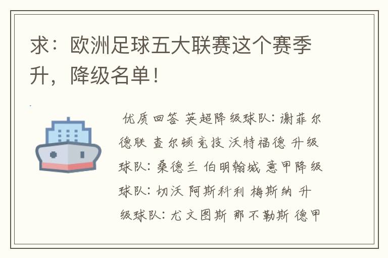 求：欧洲足球五大联赛这个赛季升，降级名单！