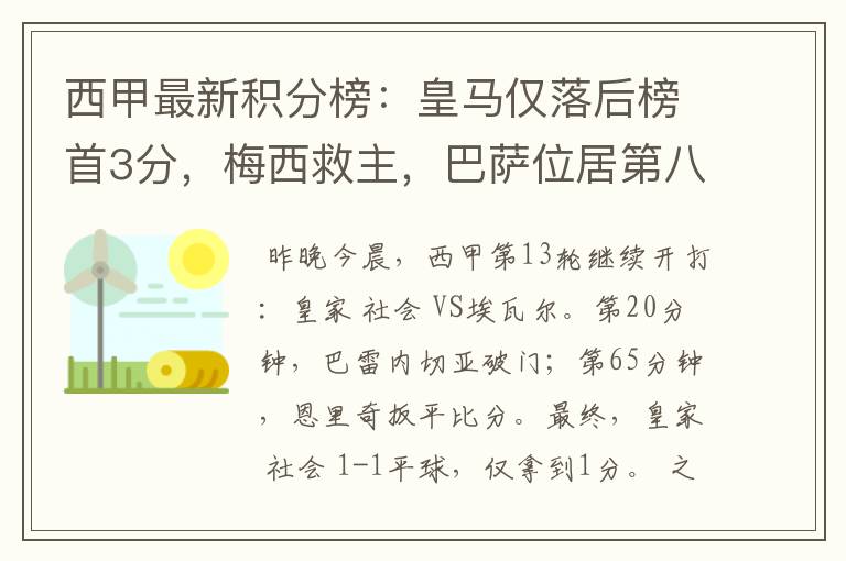 西甲最新积分榜：皇马仅落后榜首3分，梅西救主，巴萨位居第八