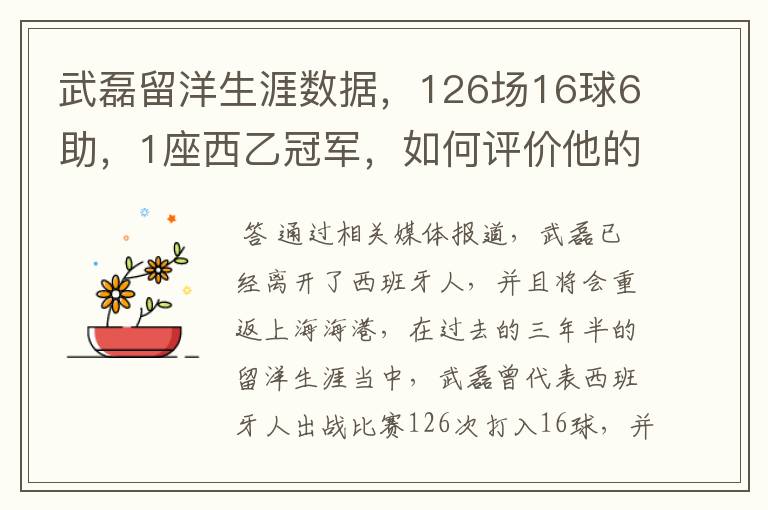 武磊留洋生涯数据，126场16球6助，1座西乙冠军，如何评价他的表现？