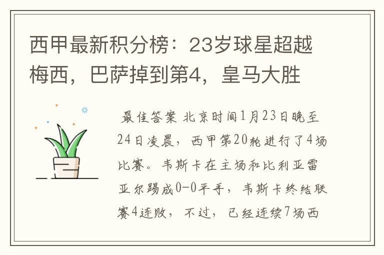 西甲最新积分榜：23岁球星超越梅西，巴萨掉到第4，皇马大胜