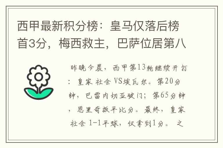 西甲最新积分榜：皇马仅落后榜首3分，梅西救主，巴萨位居第八