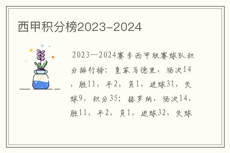 西甲积分榜2023-2024