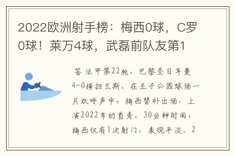 2022欧洲射手榜：梅西0球，C罗0球！莱万4球，武磊前队友第1