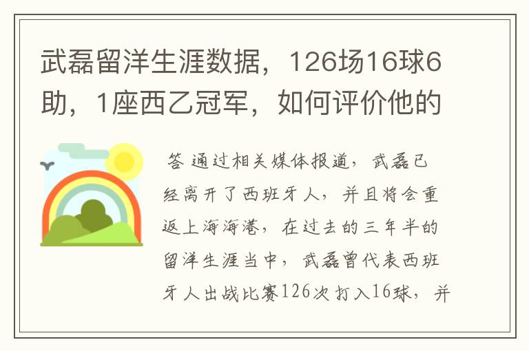 武磊留洋生涯数据，126场16球6助，1座西乙冠军，如何评价他的表现？