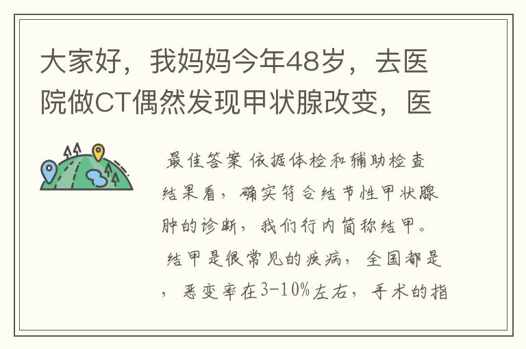 大家好，我妈妈今年48岁，去医院做CT偶然发现甲状腺改变，医生建议进一步检查，随后挂号内分泌科，医生要