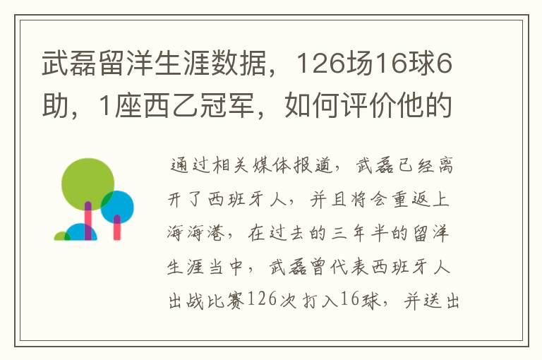 武磊留洋生涯数据，126场16球6助，1座西乙冠军，如何评价他的表现？