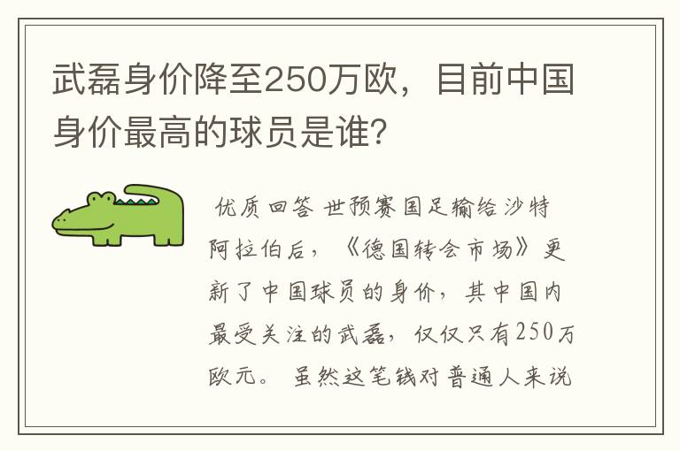 武磊身价降至250万欧，目前中国身价最高的球员是谁？