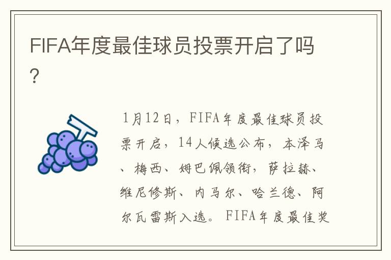 FIFA年度最佳球员投票开启了吗？