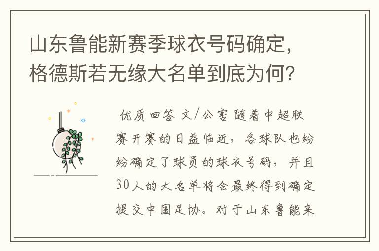 山东鲁能新赛季球衣号码确定，格德斯若无缘大名单到底为何？