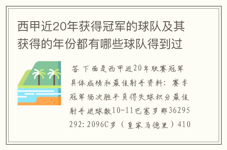 西甲近20年获得冠军的球队及其获得的年份都有哪些球队得到过意大利