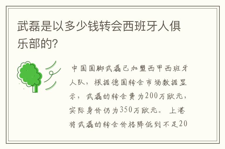 武磊是以多少钱转会西班牙人俱乐部的？