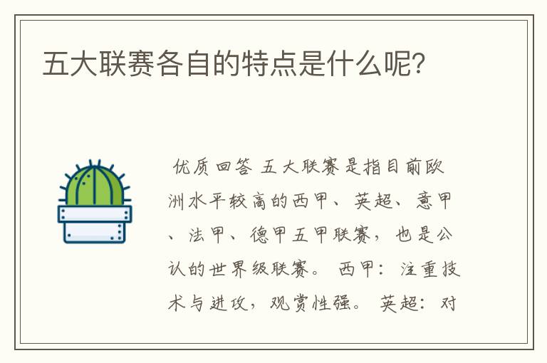 五大联赛各自的特点是什么呢？