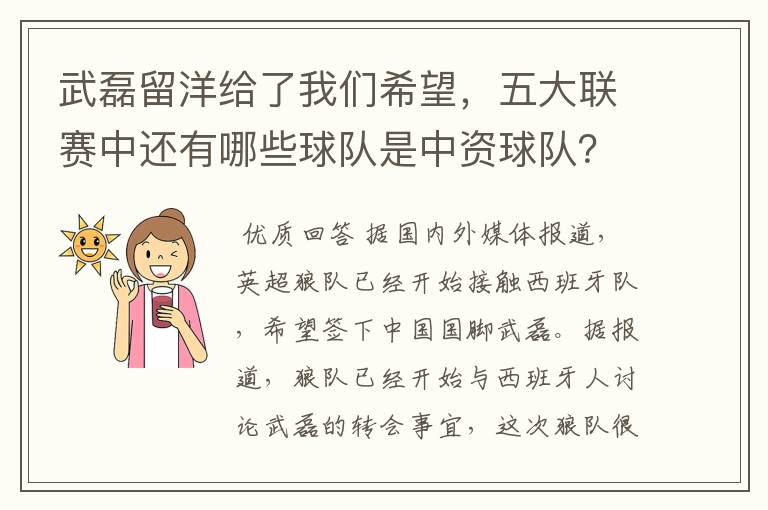 武磊留洋给了我们希望，五大联赛中还有哪些球队是中资球队？