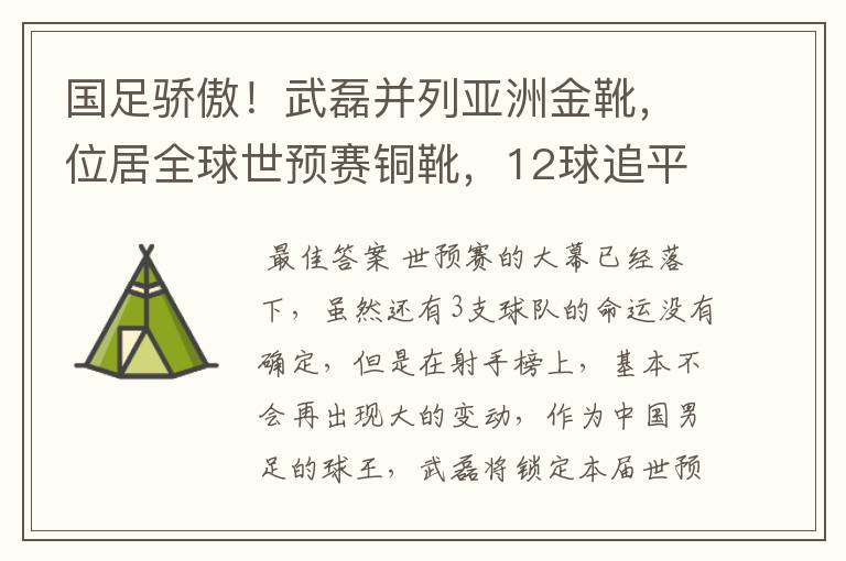 国足骄傲！武磊并列亚洲金靴，位居全球世预赛铜靴，12球追平凯恩