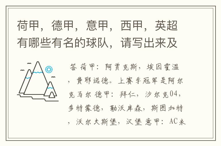 荷甲，德甲，意甲，西甲，英超有哪些有名的球队，请写出来及他们的英文名？