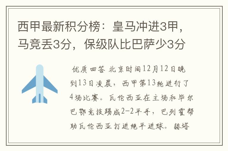 西甲最新积分榜：皇马冲进3甲，马竞丢3分，保级队比巴萨少3分