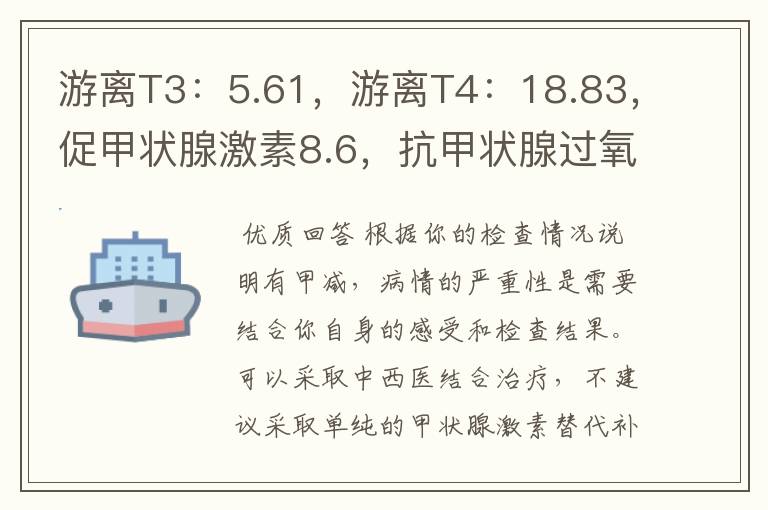 游离T3：5.61，游离T4：18.83，促甲状腺激素8.6，抗甲状腺过氧化物酶抗体77.87,希望专家给分析一下，患者25