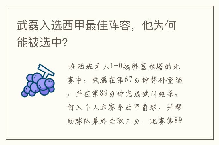 武磊入选西甲最佳阵容，他为何能被选中？