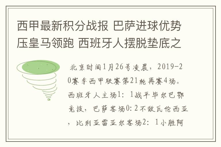 西甲最新积分战报 巴萨进球优势压皇马领跑 西班牙人摆脱垫底之位