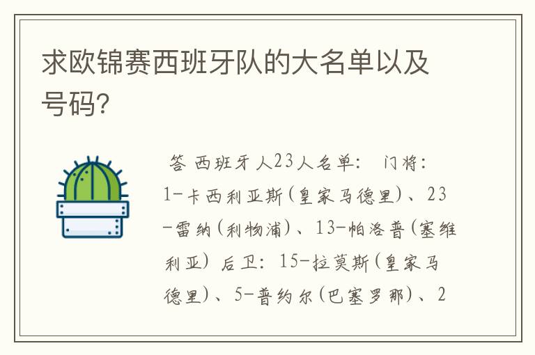 求欧锦赛西班牙队的大名单以及号码？