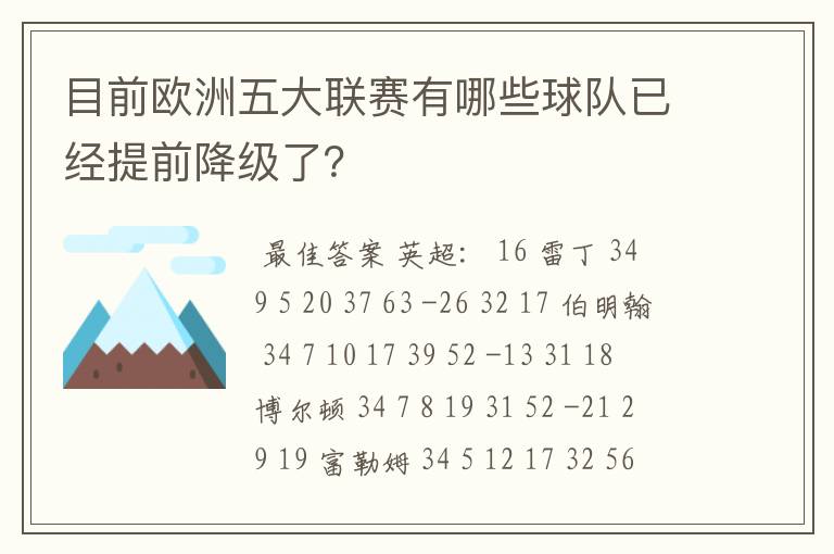 目前欧洲五大联赛有哪些球队已经提前降级了？