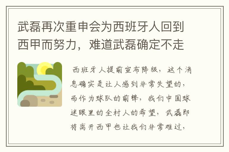 武磊再次重申会为西班牙人回到西甲而努力，难道武磊确定不走了？