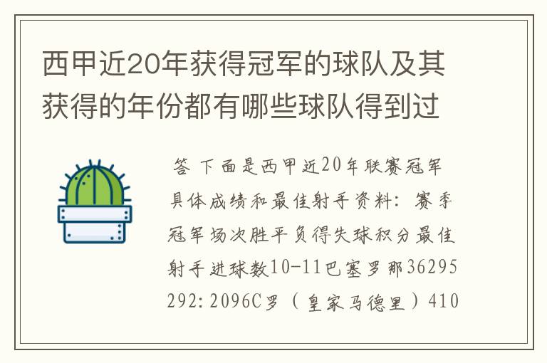 西甲近20年获得冠军的球队及其获得的年份都有哪些球队得到过意大利