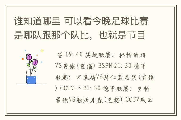 谁知道哪里 可以看今晚足球比赛是哪队跟那个队比，也就是节目表吧。