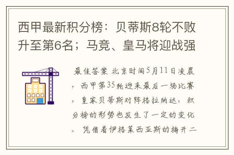 西甲最新积分榜：贝蒂斯8轮不败升至第6名；马竞、皇马将迎战强敌