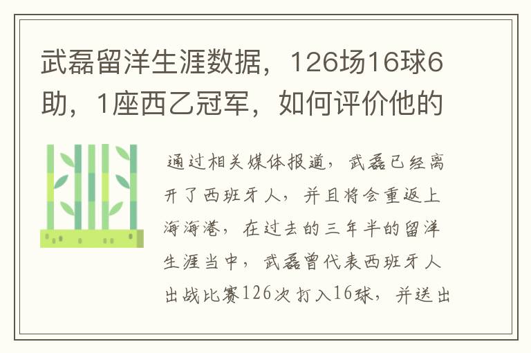 武磊留洋生涯数据，126场16球6助，1座西乙冠军，如何评价他的表现？