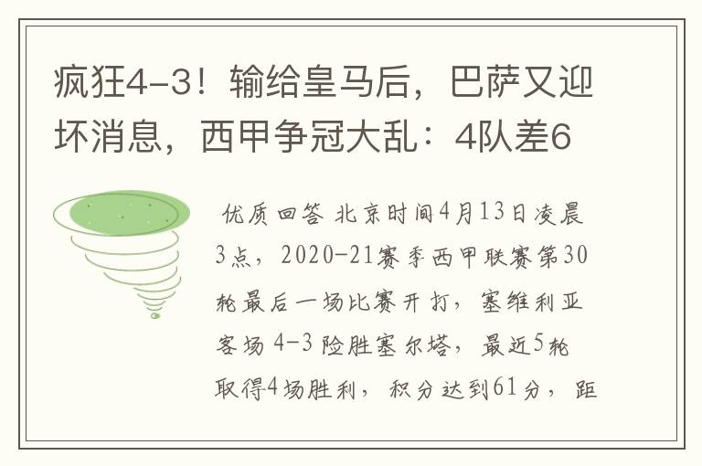 疯狂4-3！输给皇马后，巴萨又迎坏消息，西甲争冠大乱：4队差6分