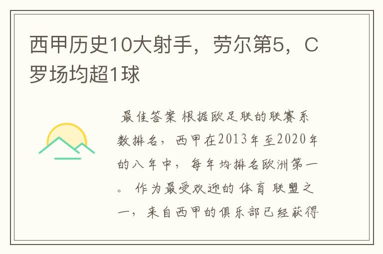 西甲历史10大射手，劳尔第5，C罗场均超1球