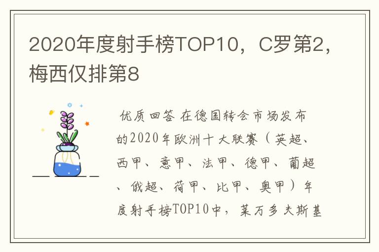 2020年度射手榜TOP10，C罗第2，梅西仅排第8