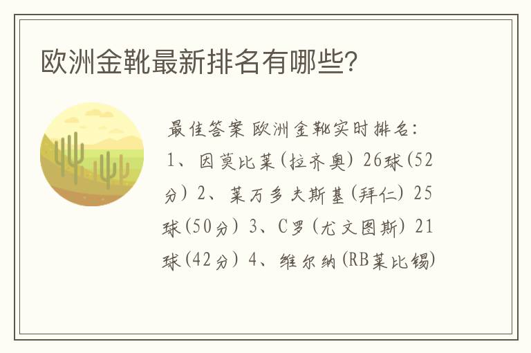 欧洲金靴最新排名有哪些？