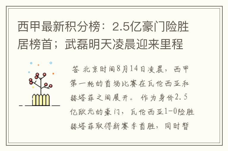 西甲最新积分榜：2.5亿豪门险胜居榜首；武磊明天凌晨迎来里程碑