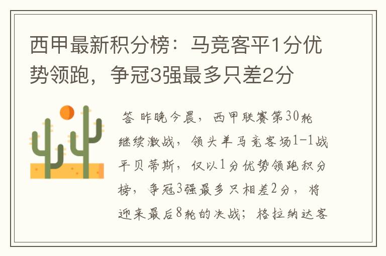 西甲最新积分榜：马竞客平1分优势领跑，争冠3强最多只差2分