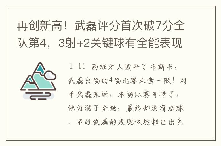 再创新高！武磊评分首次破7分全队第4，3射+2关键球有全能表现