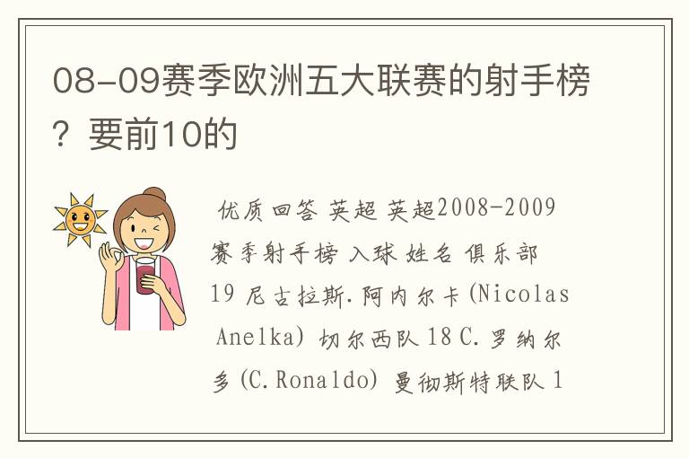 08-09赛季欧洲五大联赛的射手榜？要前10的