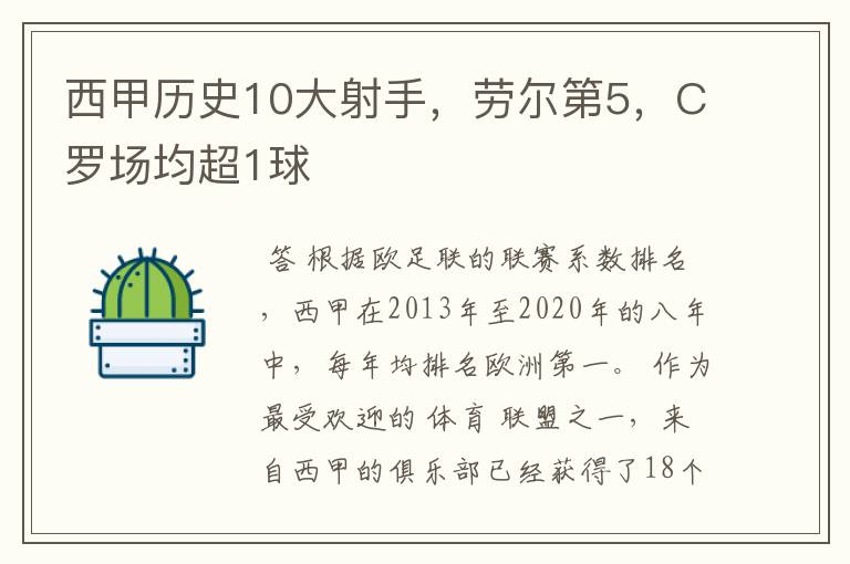 西甲历史10大射手，劳尔第5，C罗场均超1球