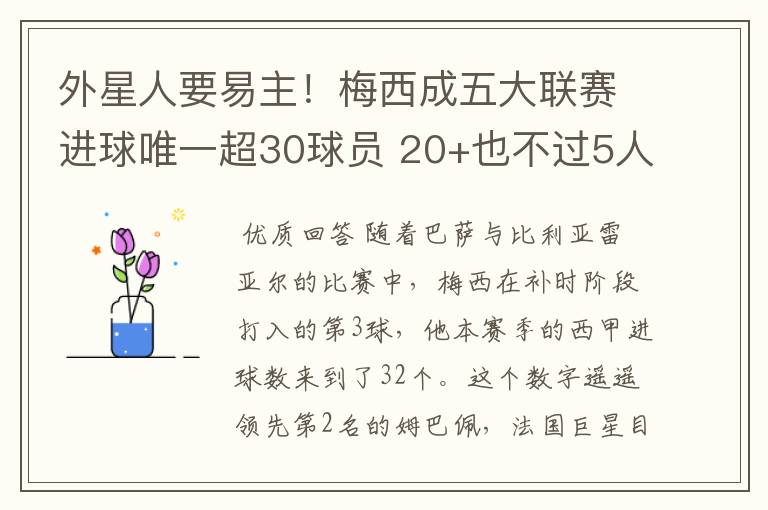 外星人要易主！梅西成五大联赛进球唯一超30球员 20+也不过5人