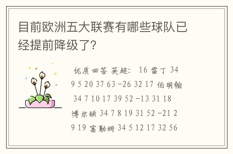 目前欧洲五大联赛有哪些球队已经提前降级了？